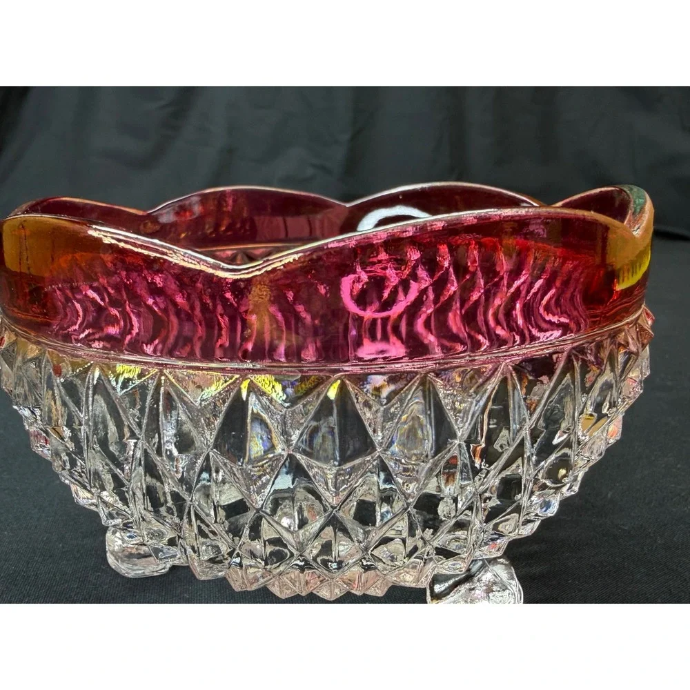 Vtg Ruby Red Flash Clear Diamond Point Pattern Footed Glass Bowl Scalloped Edge